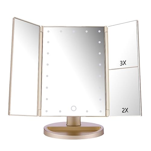 deweisn Floor Mount Tri-Fold Lighted Vanity Mirror with 21 LED Lights, Touch Screen and 3X/2X/1X Magnification, Two Power Supply Modes Make Up Mirror,Travel Mirror - Gold - 3 Piece Set