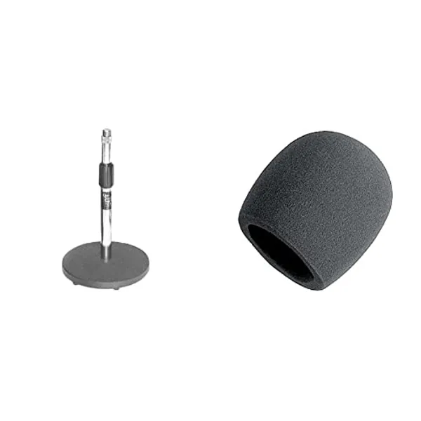 On-Stage DS7200C Adjustable Desktop Microphone Stand, Chrome & Foam Ball-Type Microphone Windscreen, Black