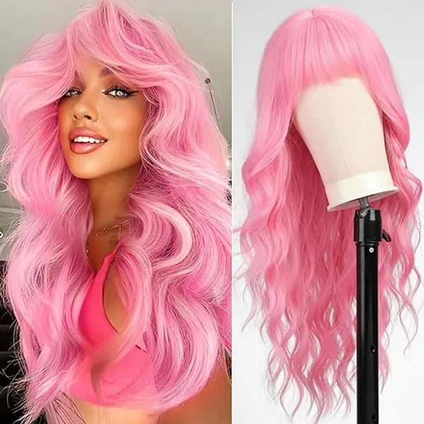 KOME Pink Wig- Long Pink Wavy Wigs for Women,Pastel Pink Wig with Bangs,Natural Curly Synthetic Wig for Party Cosplay Daily Use 26IN - Light Pink