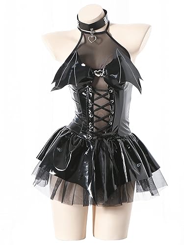 mzenuop Cosplay Lingerie For Women Cute Anime Lingerie Strap-On Bat Imp See-Through Skirt Set - Black - L-XL