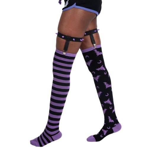 Purple Stripes Thigh High Garter Socks - OS / Black/Purple