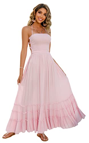 R.Vivimos Womens Summer Cotton Sexy Backless Long Dresses - Medium - Light Pink