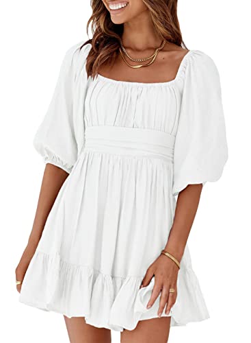 Dokotoo Womens Summer Dresses Square Neck Tie Back Lantern Sleeve Ruffle A-Line Casual Dress - Large - 11 White