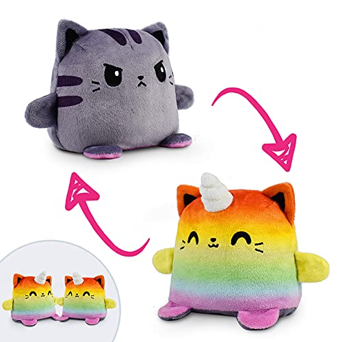 TeeTurtle | Plushmates | Cat + Kittencorn | Rainbow + Gray | Happy + Angry | The Reversible Plush That Hold Hands! 5 inch - Cat + Kittencorn