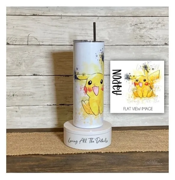 Personalized Pokémon Pikachu 20 oz Skinny Tumbler - Characters Cartoon Water Bottle Stainless Steel Insulated Coffee Cup Mug Hot Cold