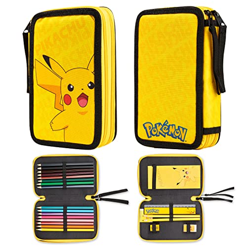Pokemon Pencil Case for Boys, Pikachu Filled Pencil Case Stationery Set - Yellow