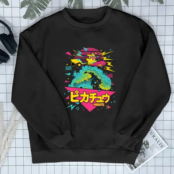 Pikachu Surfing Funny Design Sweatshirt Graphic Tee Pikachu Japanese Anime Shirt Surfing Gift
