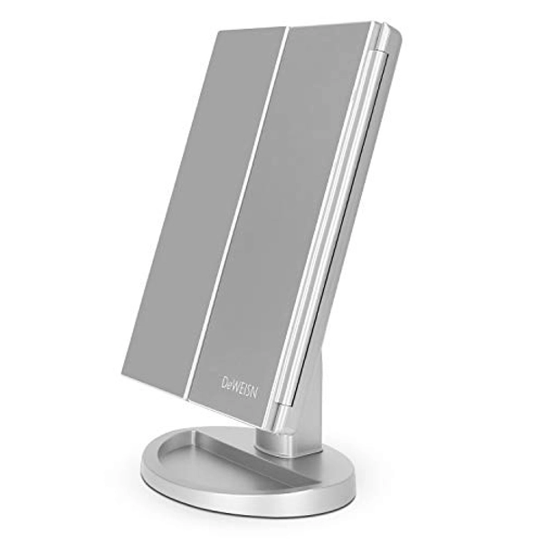 deweisn Tri-Fold Lighted Vanity Tabletop Mount Mirror with 21 LED Lights, Touch Screen and 3X/2X/1X Magnification, Two Power Supply Modes Make Up Mirror,Travel Mirror 10.83" H x 6.3" W