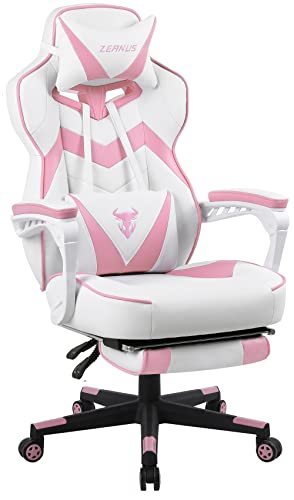 Zeanus Pink Gaming Chair, PC Gaming Chair for Girls, Reclining with Footrest, Ergonomic Computer Chair with Massage, Gaming Chair for Women, High Back Gaming Chairs for Adults - Pink