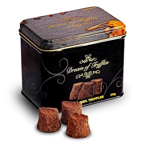 Dream of Truffles - Dark Cocoa Caramel Truffles | Sweet & Velvety Caramel Center | Smooth & Creamy texture | Dark Cocoa Dusted Candy Truffles in a Premium Gift Box | Made in Sweden | 200g
