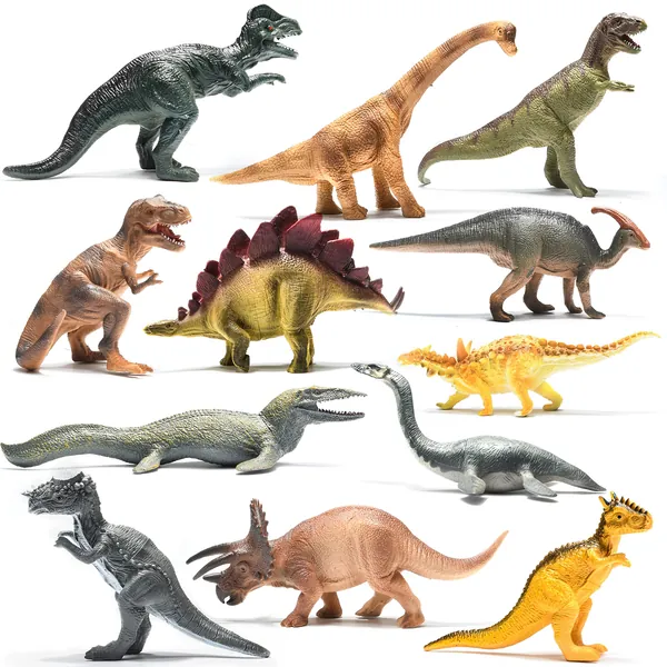 Prextex 12 pack Dinosaur Toys for boys and girls, Mini Dinosaur Figures Educational 25 cm Realistic Looking Dinosaurs Plastic Assorted Dinosaur Figures Kids party bag fillers