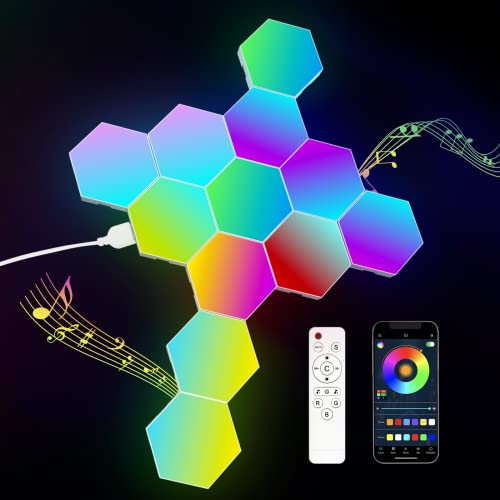JIMIMORO 12 Pack Hexagon Light Panels - Smart RGB Hexagon LED Lights Wall Lights with APP & Remote Control Cool Music Sync Gaming Lights for Living Room, Bedroom, Gaming Room, Kids, Adults - B. Multicolor 12PCS