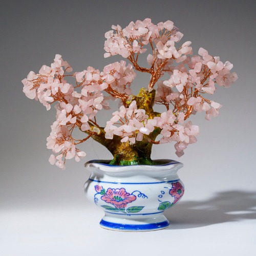 Genuine Rose Quartz Bonsai Tree in Round Ceramic Pot (8.5” Tall)