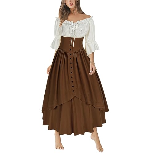 Women Renaissance Costume Medieval Victorian High Waisted Button Skirt Set - Large - Z2880bnst