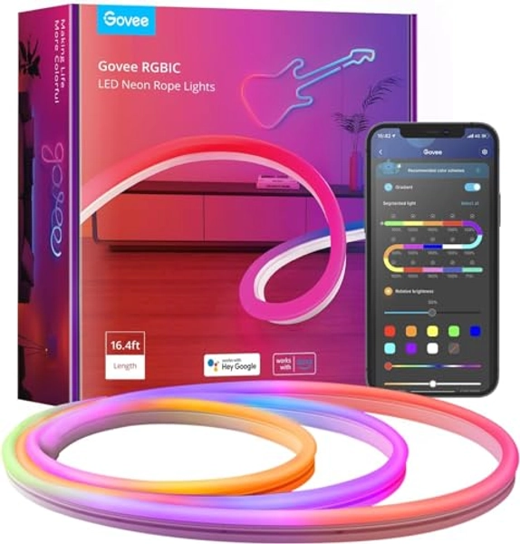 Govee Neon LED Strip 5m, RGBIC LED Streifen mit App-Steuerung, Musik-Sync, DIY Shape Design, Funktioniert mit Alexa & Google Assistant, 64 Modi dimmbar LED Neon für Wohnzimmer und Wand Deko