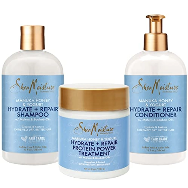 Shea Moisture Shampoo and Conditioner Set 13 Fl Oz Ea Bundled with Protein Power Treatment 8 Fl Oz. Manuka Honey & Yogurt Hydrate + Repair Hair, Vitamin C, Sulfate Free & Hair Color Safe 