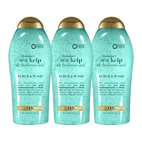OGX Hydration + Sea Kelp & Hyaluronic Acid Sulfate-Free Lightly Moisturizing Body Scrub with Black Rice, Gentle Exfoliating Daily Body Wash to Soften & Smooth Skin, 19.5 Fl Oz (pack of 3)