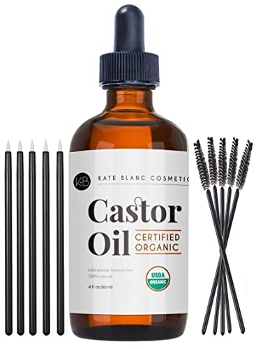 Organic Castor Oil (4oz), USDA Certified, 100% Pure, Cold Pressed, Hexane Free by Kate Blanc. Stimulate Growth for Eyelashes, Eyebrows, Hair. Skin Moisturizer & Oil Cleanse with Starter Kit - 4 Fl Oz (Pack of 1)