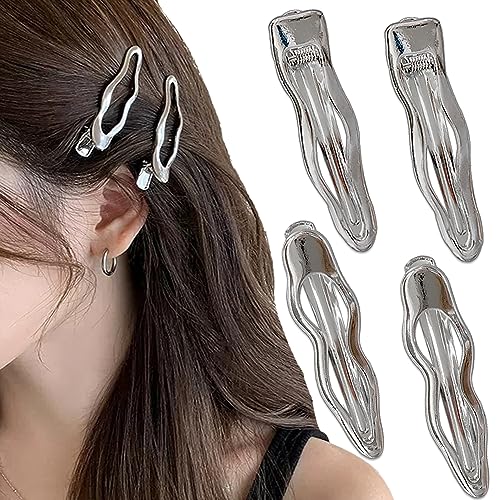 Silver Metal Wave Hair Clips Hair Barrettes for Women Alligator Hair Clips for Girls Hairclips Small Hair Clip Bangs Hairclip Hair Pins Duck Bill Clips for Hair Y2k Hair Accessories Headdress, 4pcs