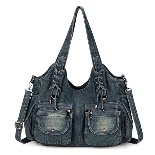 YeFine Casual Washed Denim Shoulder Bags Top Handle Lady's Hobo Bags Women Purses And Handbags - Deep Blue