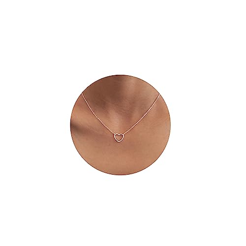 Tewiky Cute Heart Necklace Tiny 14k Gold Heart Pendant Choker Necklaces Small Gold Love Open Heart Chain Necklace for Women Dainty Gold Necklace Gifts for Her - open heart silver