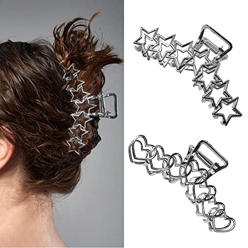 VOTACOS 2PCS Y2k Metal Hair Claw Clips Star Heart Hair Clips for Women Big Nonslip Design Claw Hair Clips for Thick and Thin Hair Stitching Silver Large Hair Accessories for Women and Girls. - Metal Hair Clips 01