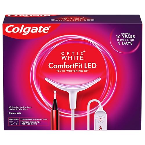 Colgate Optic White ComfortFit Teeth Whitening Kit with LED Light and Whitening Pen, LED Teeth Whitening Kit, Enamel Safe, Works with iPhone and Android - LED Kit + Pen