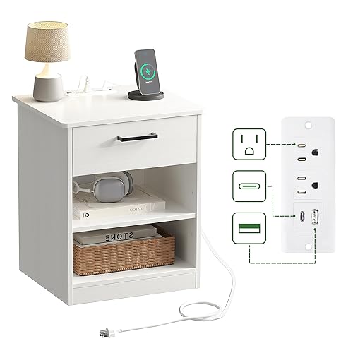 ODIKA Everyday Side Table with Fast Charging Station - USB C Cable Fast Charging, Wooden White Nightstand Bedside Table with Drawer, End Table with Optional Adjustable Shelf for Bedroom, Set of 1 - White Usb-c - 1 Drawer (Set of 1)