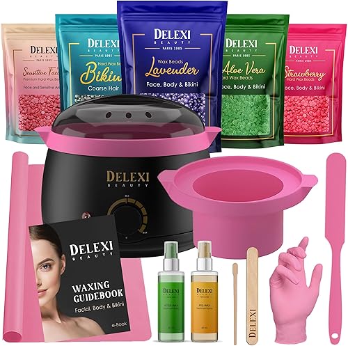 DELEXI Premium All-in-one Waxing Kit for Women | Salon Quality 5-Pack Hard Wax Beads For Brows, Bikini, Legs, & More + Silicone Wax Kit Accessories  - Lavender - 1.46 Ounce (Pack of 41)