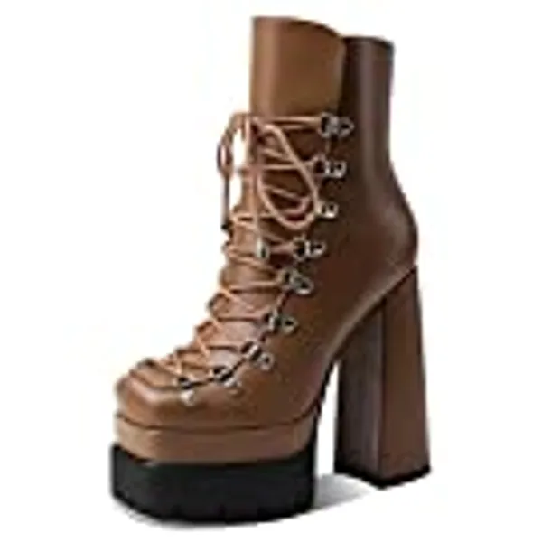 Artrotter Stacked Platform Boots for Women, Side Zipper Chunky Block High Heel Combat Ankle Booties Decorating Front Lace Up and Buckles