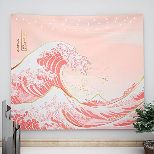 Ovenbird Wave Tapestry Pastel Pink and Gold, Japanese Tapestry for Bedroom Aesthetic, Pink Tapestry Wall Hanging, 51" X 59" - 78" X 59" Wave