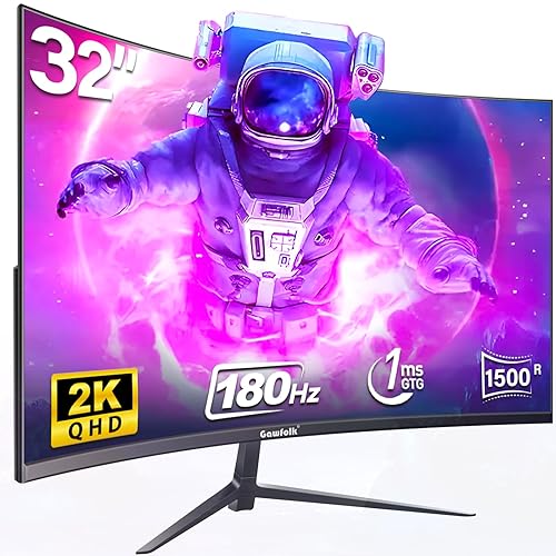 Gawfolk 32 Zoll Gaming Monitor Curved QHD180Hz, 165Hz PC Bildschirm, Rahmenloses 1500R Gebogenes Computer Bildschirm unterstützt VESA - 32 Zoll - QHD 180Hz Monitor