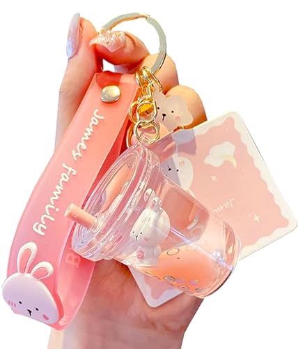 YOU WIZV Cute Keychain, Kawaii Backpack Liquid Floating Anime Bunny Keychain for Girls, Women, Daughters, Sister - Pink Bunny