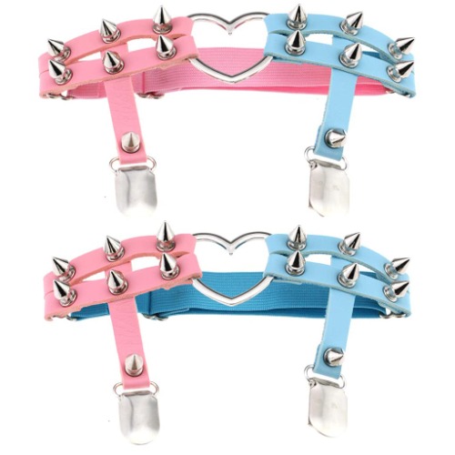 Adjustable Leg Garter With Anti-Slip Clips Elastic Thigh Ring Garter Kawaii Punk Rock Cute for Women and Girls - One Size Pink+blue