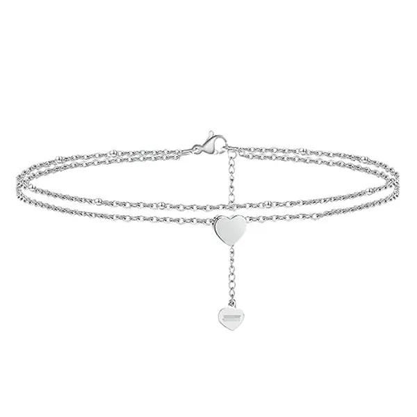 Epinki Fußkettchen 18 Karat Gold/Weißgold, Doppelschicht Kette mit Herz Fußkettchen Damen Boho 18K Gold Armband Mädchen Echt Gold Schmuck für Damen, 25cm Kettenlänge