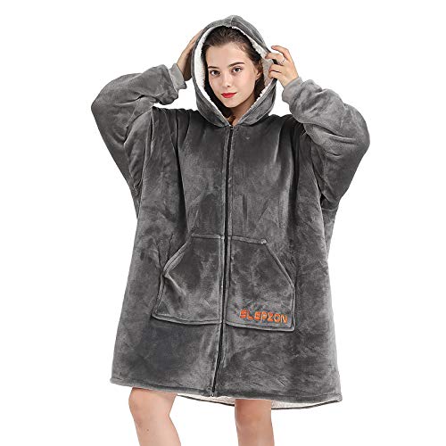 SLEPZON Blanket Hoodie | Oversized Wearable Blanket - Deep Pockets, Comfy Sleeves, Front Zipper - Deluxe Fleece Sweatshirt Blanket - Grey - Black(zipper)