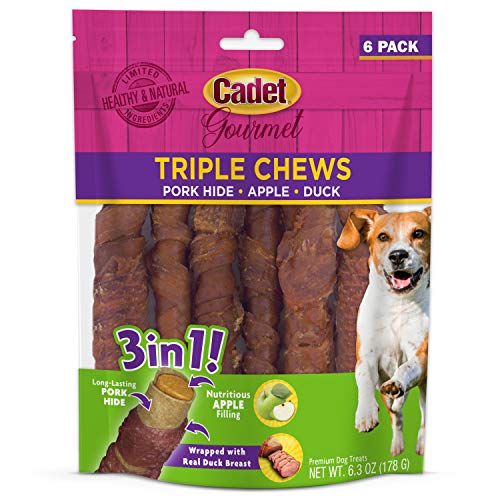 Cadet Gourmet Triple Chews Pork Hide, Apple, & Duck Dog Treats - Healthy Dog Treats for Small & Large Dogs - Inspected & Tested in USA (6 Count) - Apple & Duck