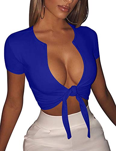 BORIFLORS Women's Sexy Tie Up Crop Top Short Sleeve Deep V Neck Casual Basic T Shirt - X-Large - Royal Blue