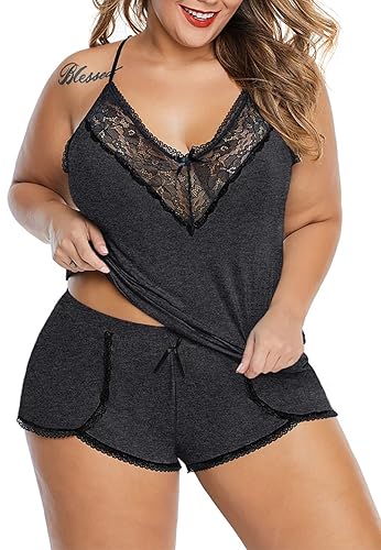 XAKALAKA Women Plus Size Pajamas Cami Shorts Set Nightwear Sexy Lace Lingerie Sleepwear - XX-Large - Z Ash Black