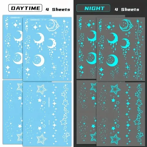 4 Sheets Blue Luminous Moon & Stars Tattoo Stickers For Women And Girls, White Design Fake Bracelet Necklace Tattoos For Face Chest Arm Hand Finger, Glow In The Dark, Wedding & Nightclub & Music Festival Party Favor Decor Supplies