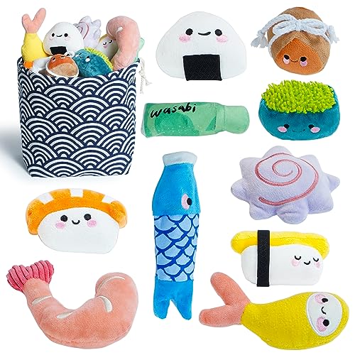 Nocciola 10 PCS Sushi Small Dog Toys, Plush Dog Squeaky Toy Set, Cute Stuffed PuppyToys with Bag, Puppy Chew Toys for Small to Medium Dog, Dog Toys to Keep Them Busy