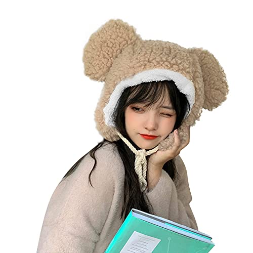 Cute Plush Faux Fur Animal Critter Hat Cap with Ear Flaps Fuzzy Bear Hat Soft Warm Winter Hat Beanie for Adults Women Girls - Large - Khaki