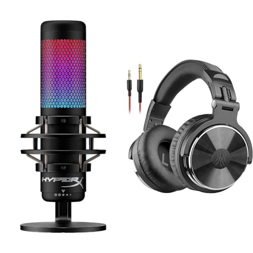 HyperX QuadCast S RGB USB Mic + OneOdio Wired DJ Stereo Headphones with 50mm Drivers - Microphone + DJ Stereo Headsets - Black
