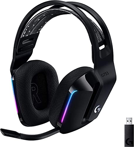 Logitech G733 Lightspeed Wireless Gaming Headset with Suspension Headband, Lightsync RGB, Blue VO!CE mic technology and PRO-G audio drivers - Black - Black - Headset