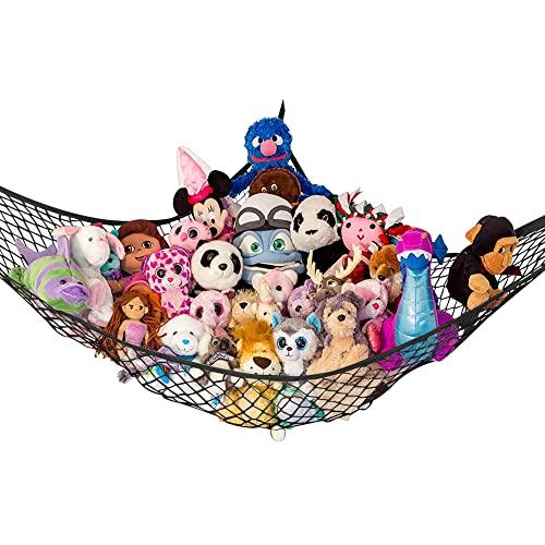 Lilly's Love Large Stuffed Animal Net Hammock for Plushie Toys | Corner Hanging Organizer for your Teddy and Stuffy Collection | Easy to Hang w/Included Anchors & Hooks - Midnight Black - -Standard 47" x 47" x 67" - Midnight Black
