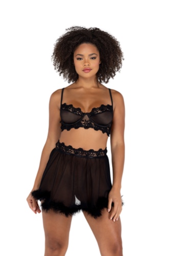 LI478 - 2PC Mesh Underwire Bralette & Skirt Set with Faux Fur Detail - Roma Confidential - Large / Black