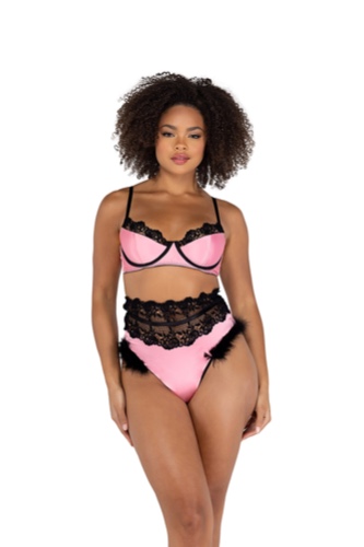 LI481 - 2PC Embroidery & Satin Bralette Set - Roma Confidential - Large / Pink/Black