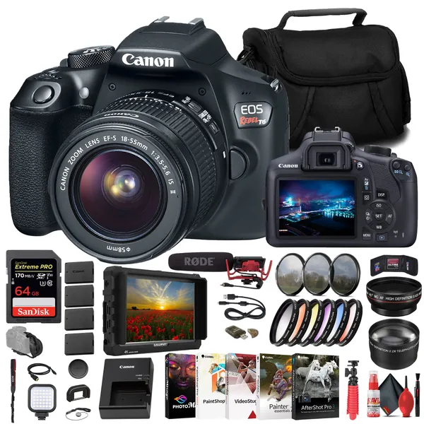 Canon EOS Rebel T6 DSLR Camera with 18-55mm Lens (1159C003) + 4K Monitor + Rode VideoMic + 64GB Memory Card + Color Filter Kit + Filter Kit + Charger + 3 x LPE10 Battery + Wide Angle Lens + More