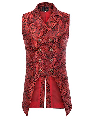 PaulJones Men's Steampunk Gothic Double-Breasted Jacquard Vest Waistcoat - XXL - Red
