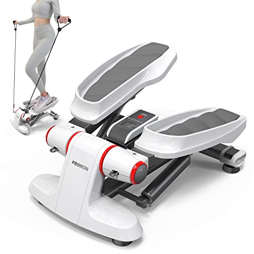 PROIRON Steppers for Exercise, Mini Stepper Machine with Display, Step Exercise Machine with Resistance Bands for Home Workout, Up Down Stepper for Leg Arm Full Body Trainer White Black - White